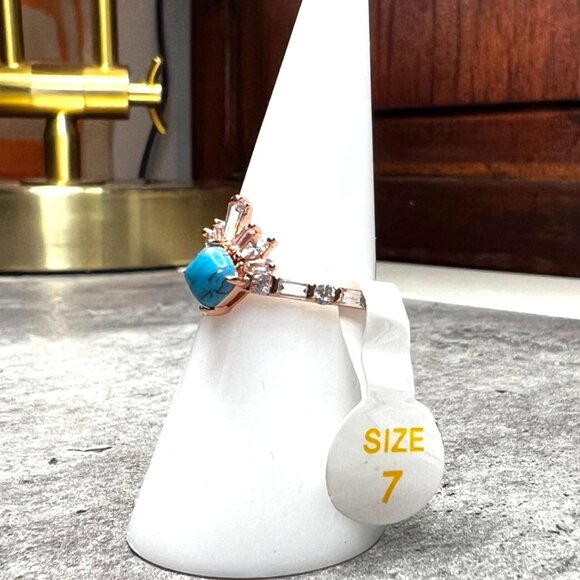 Ring Bomb Party Ring, size 7, turquoise blue, rose gold band, CZ type accents - Picture 2 of 5